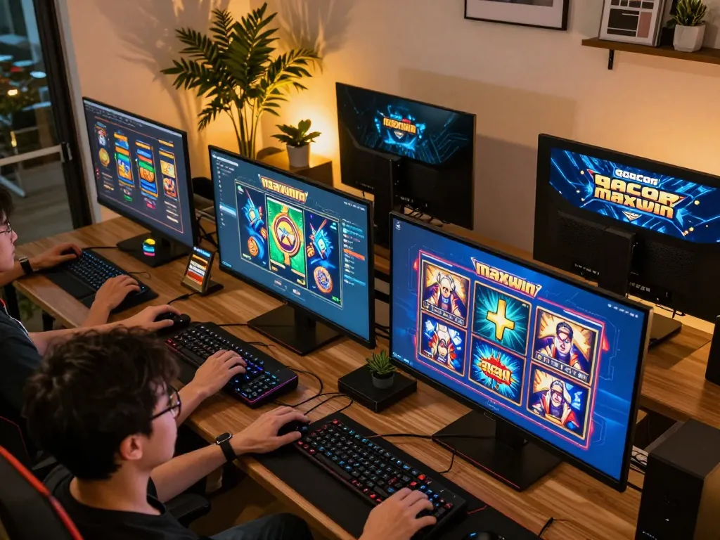Engaging with thrilling slot gacor maxwin games on multiple screens in a modern gaming setup