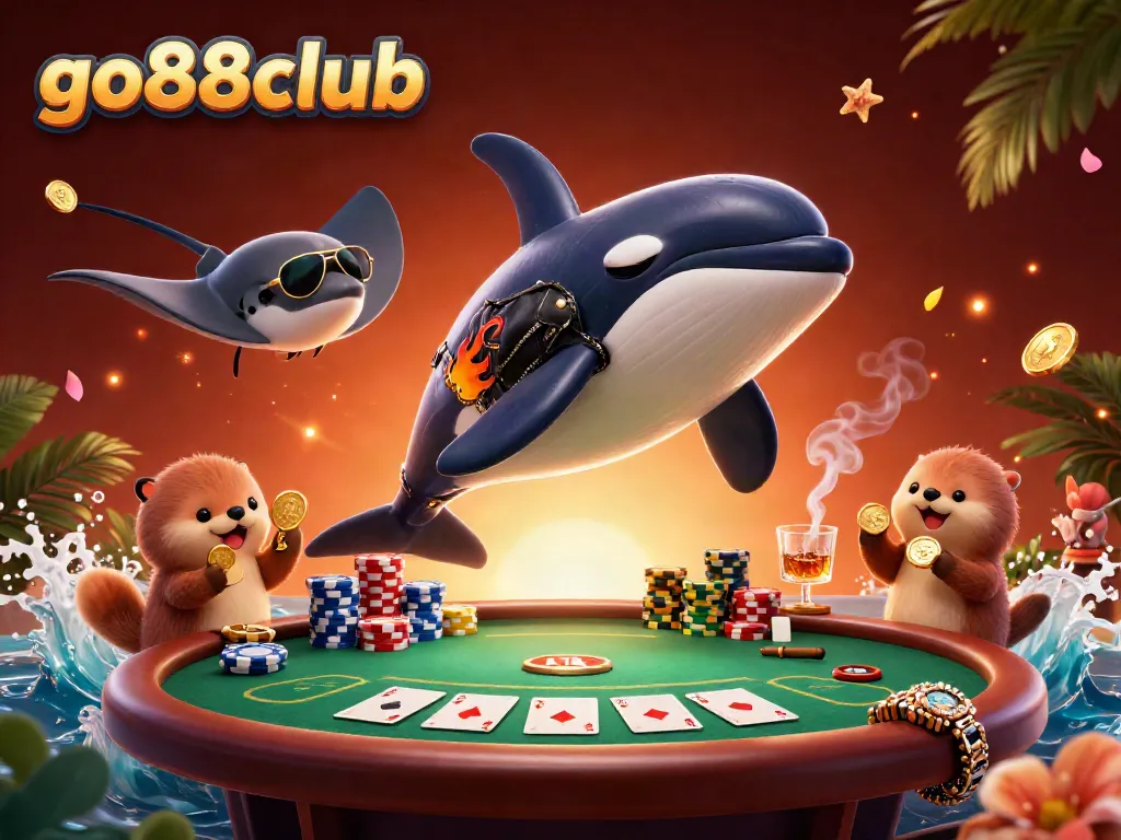 Engaging scene featuring go88club characters celebrating around a dynamic poker table full of colorful chips and cards.
