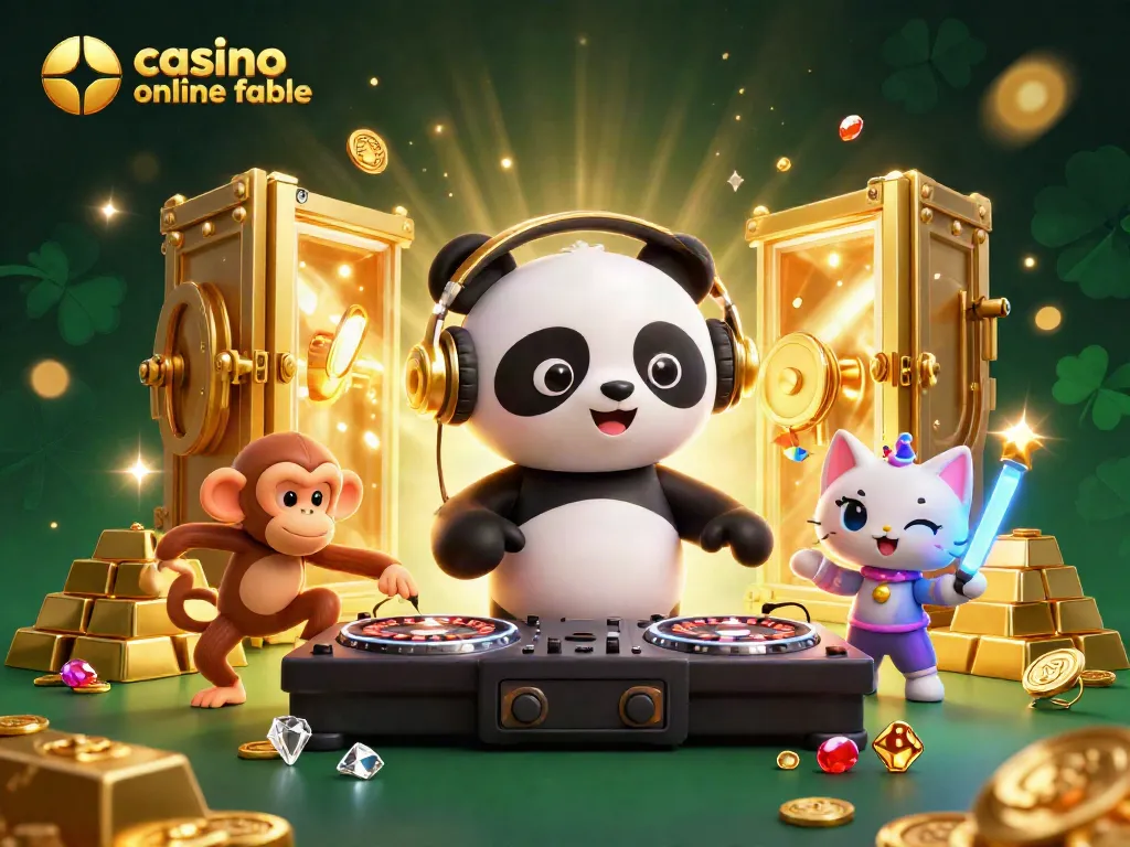 Juega en un casino online fiable con un emocionante DJ panda y un mono bailando entre tesoros digitales.