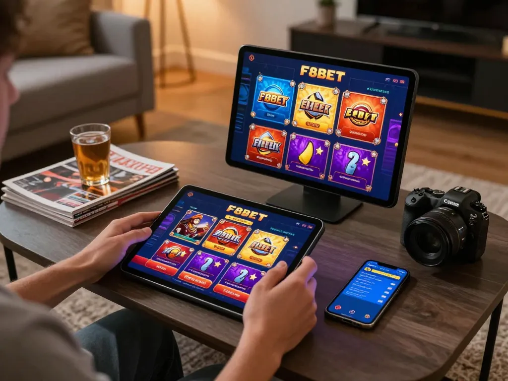 Player engaged in F8BET mobile casino gaming on a tablet, showcasing vibrant interface and cozy setting.