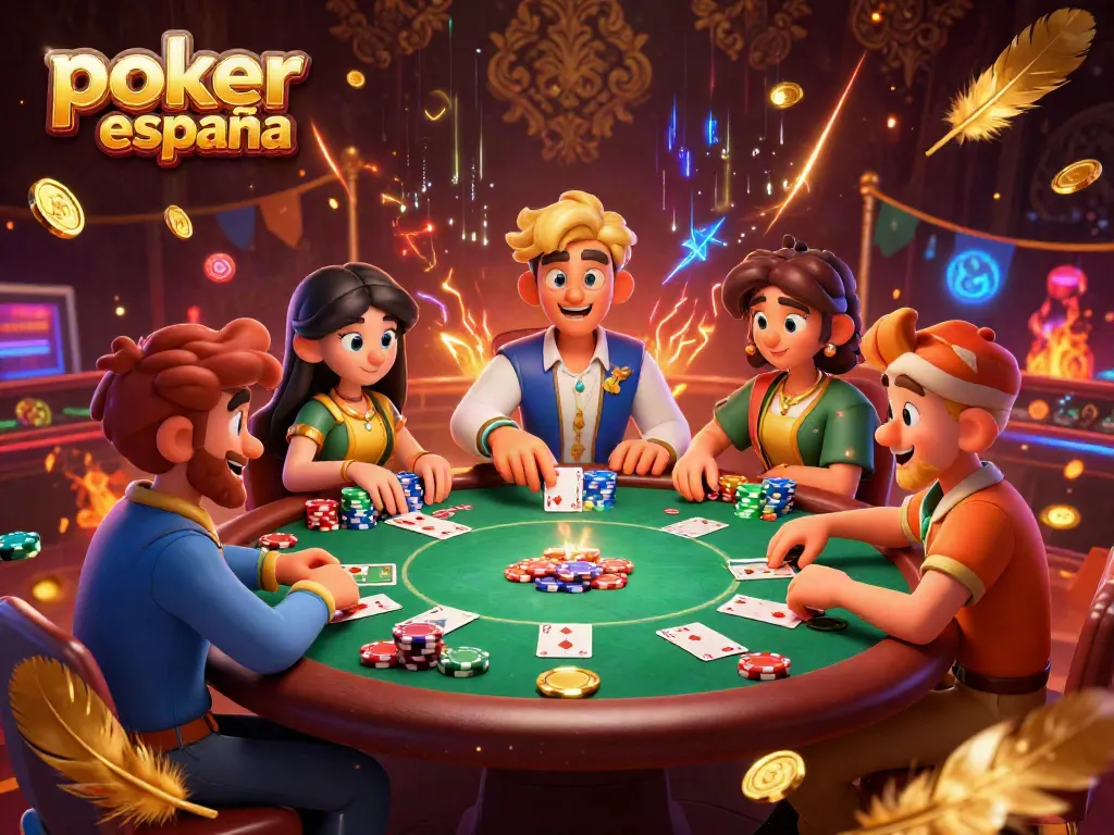 Juega al póker online España en una sala moderna llena de emoción y fichas brillantes.