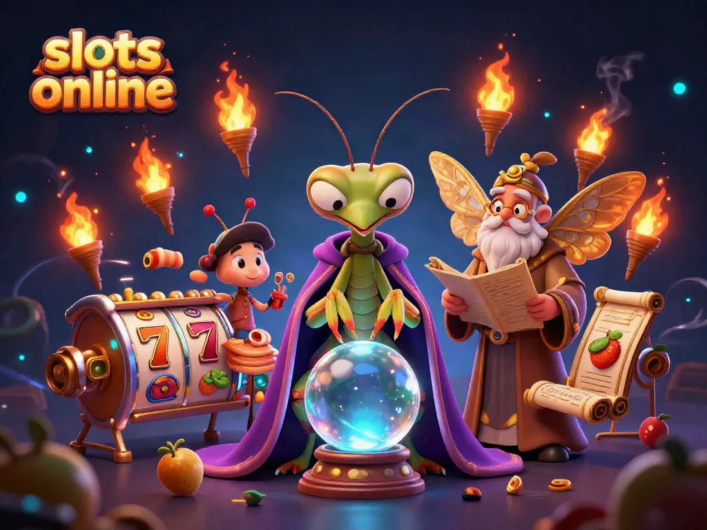 Experience slots online with a dynamic gathering of fortune teller and librarian characters amid slot reels and colorful symbols.