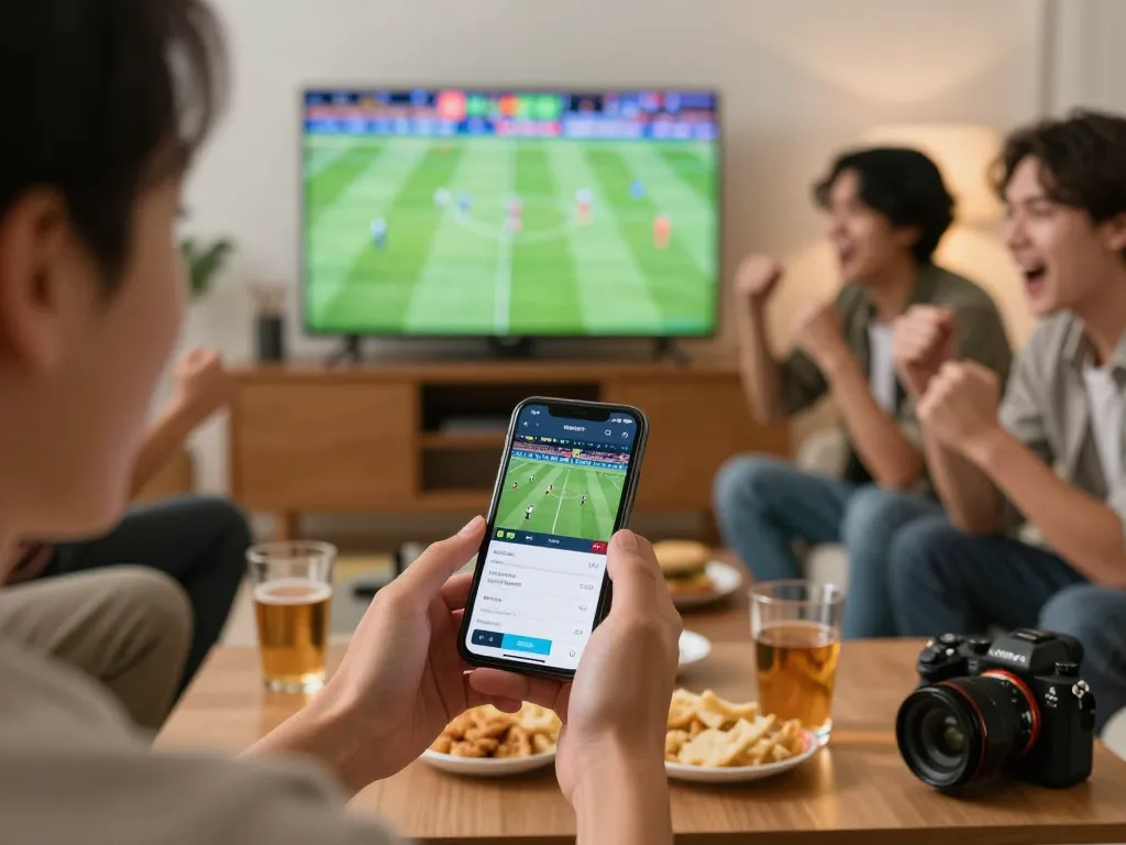 Enthusiast placing bets on CM88 app while enjoying live sports with friends