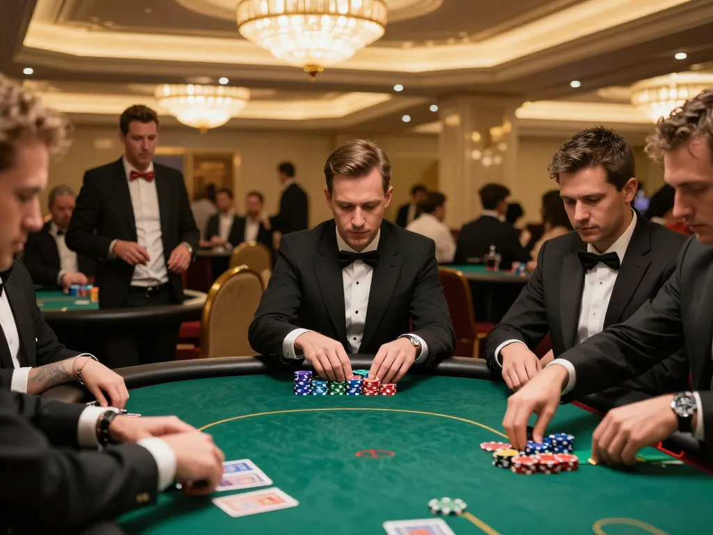 Players engaging in a tense poker game at Net88 casino table, vibrant chips and focused expressions.