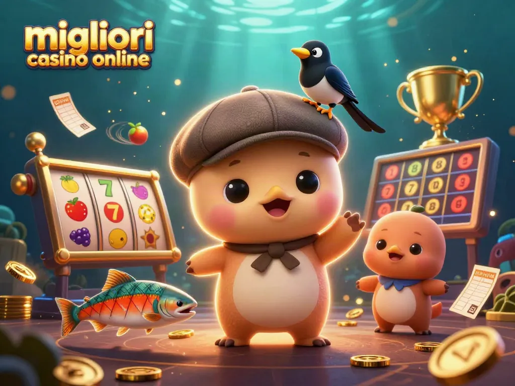 Esplora i migliori casino online con l'illustrazione divertente di Nessie e simboli di gioco.