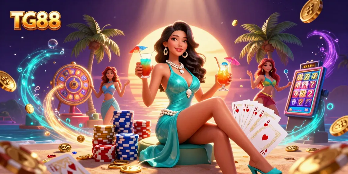 Win big with TG88 in a vibrant beach casino scene showcasing exciting slot games and festive energy.