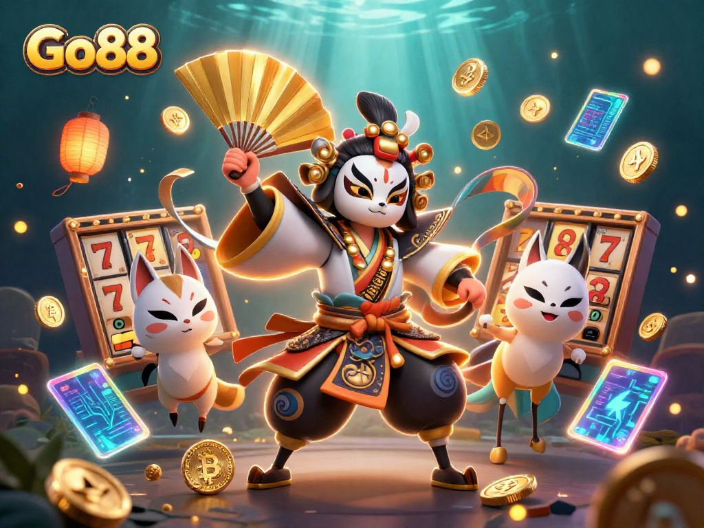 Join the excitement at Go88 with captivating slot games and 3D animation elements in a vibrant casino scene.
