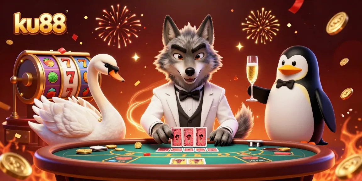 Join the excitement at ku88 with a debonair wolf, elegant swan, and sophisticated penguin amidst spinning slot reels and rich decor.