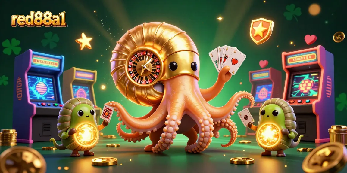 Experience the excitement of red88a1 with a vibrant scene showcasing a giant nautilus roulette wheel and glowing arcade elements.
