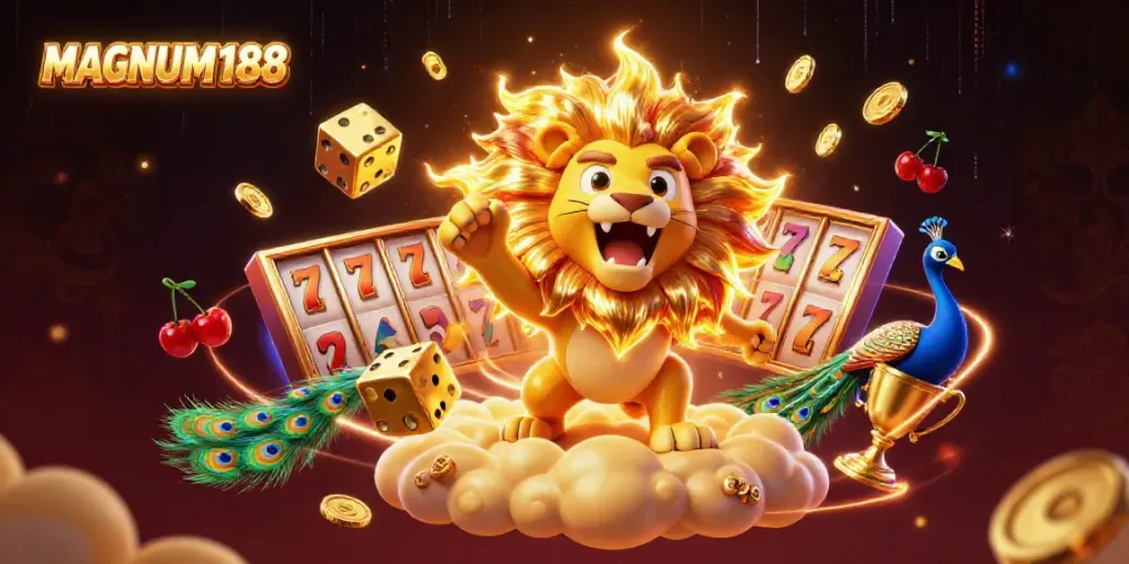 Join the gaming excitement at MAGNUM188 with vibrant illustrations of thrilling slot games and rewards.