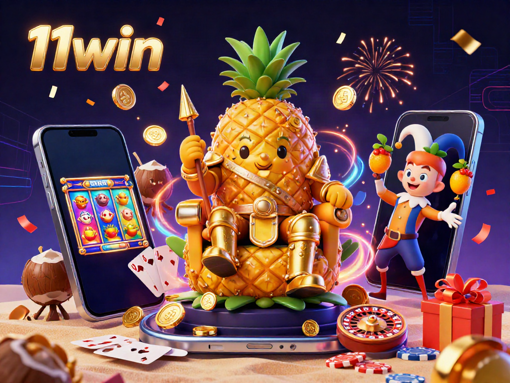 Experience the vibrant casino world of 11win with a colorful illustration of a golden pineapple king and gaming elements.