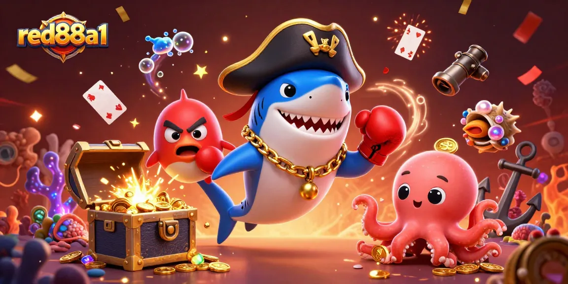 Exciting red88a1 gaming scene featuring a pirate shark, pufferfish, and octopus surrounded by treasures.