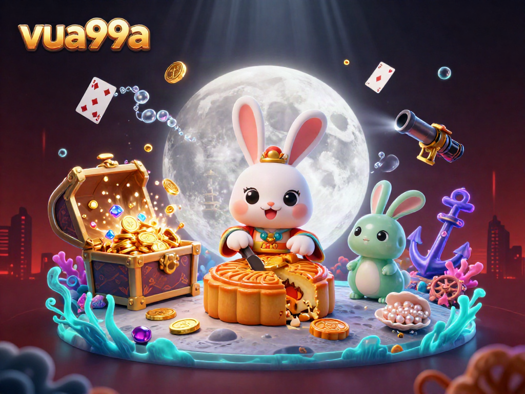Experience a vibrant scene with the moon rabbit revealing poker chips and gold treasures - vua99a online casino magic.