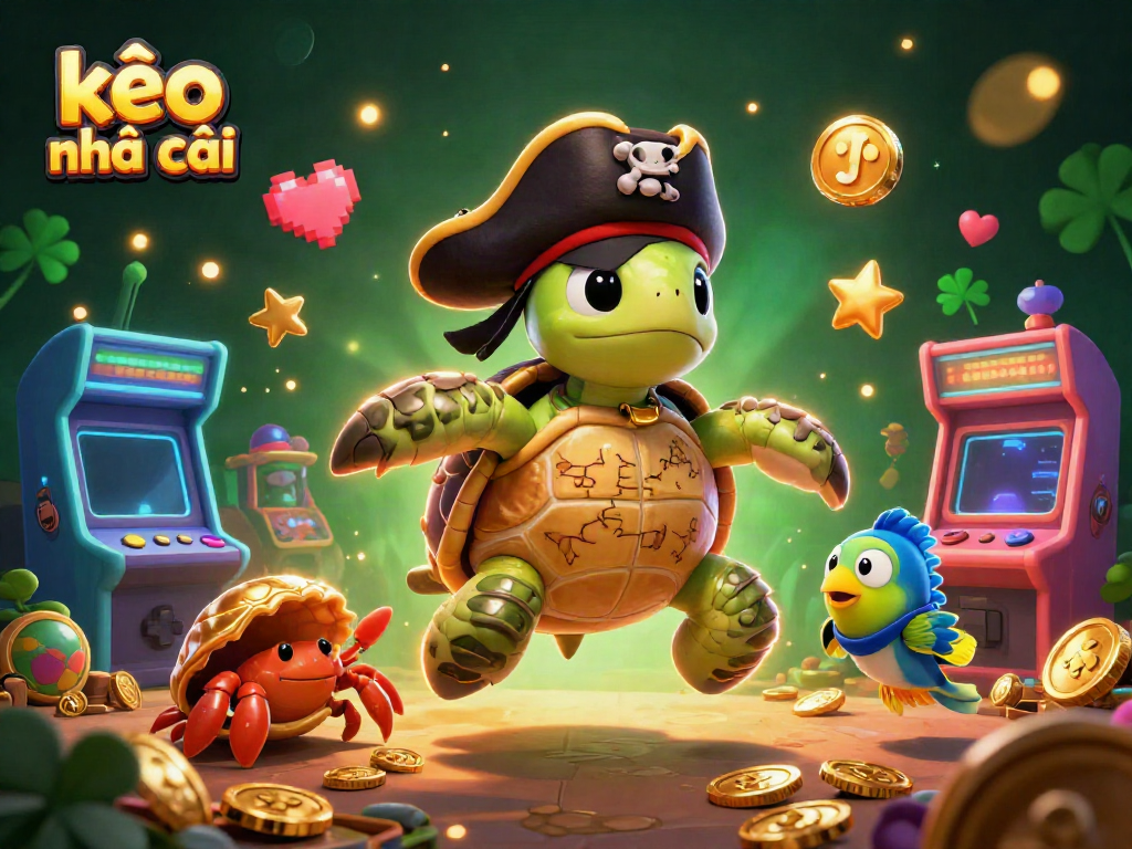 Engage with kèo nhà cái using a vibrant 3D illustration featuring a pirate turtle and friends amidst dynamic game elements.