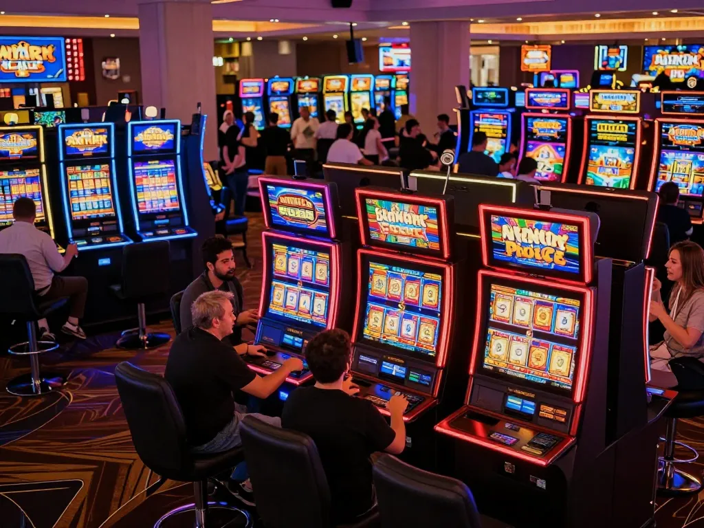 Players engaging with colorful slot machines, showcasing vibrant gameplay and excitement