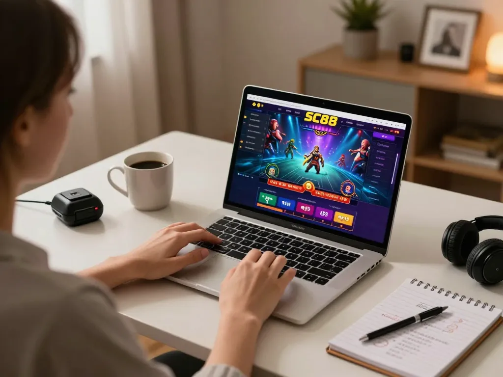 Engaging with SC88 online casino on a cozy desk setup, showcasing strategic gameplay.