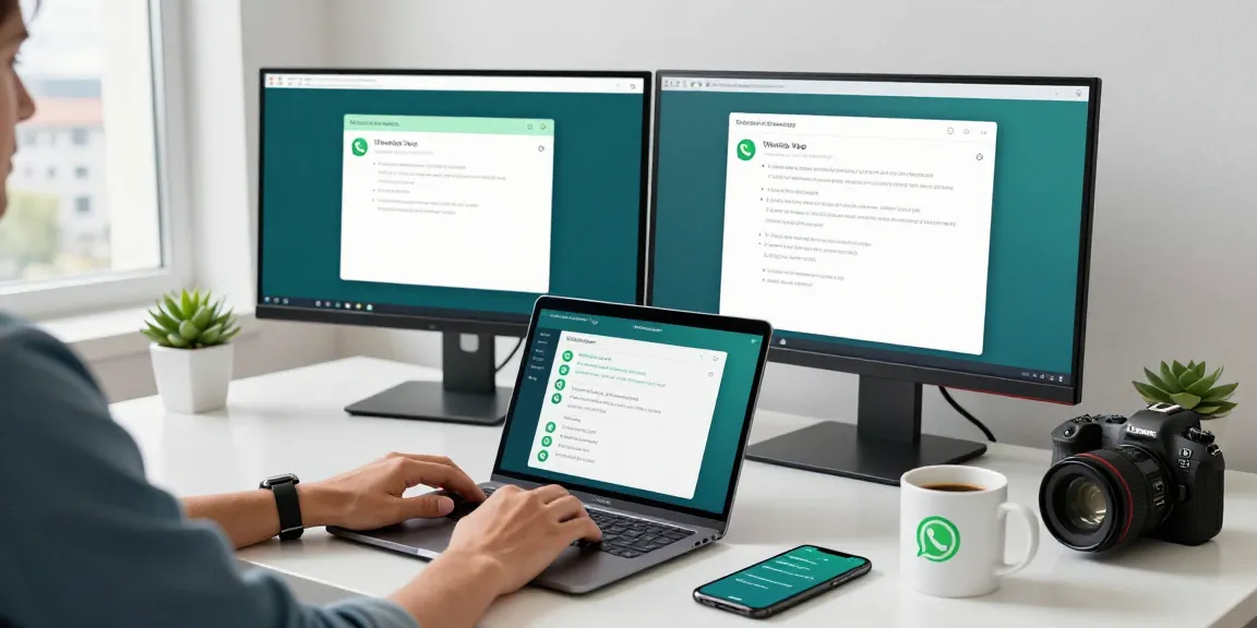 在现代工作空间中,使用双屏显示器上的WhatsApp Web的人。
