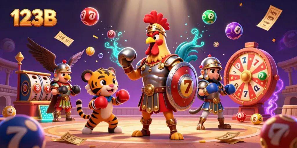 Experience the thrill of 123B casino with vibrant lottery balls, slot reels, and engaging characters.