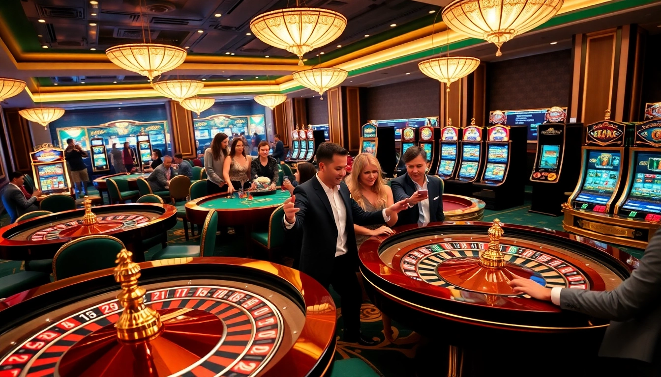 Experience the allure of say88 with vibrant gaming tables and excited players in a luxurious casino atmosphere.