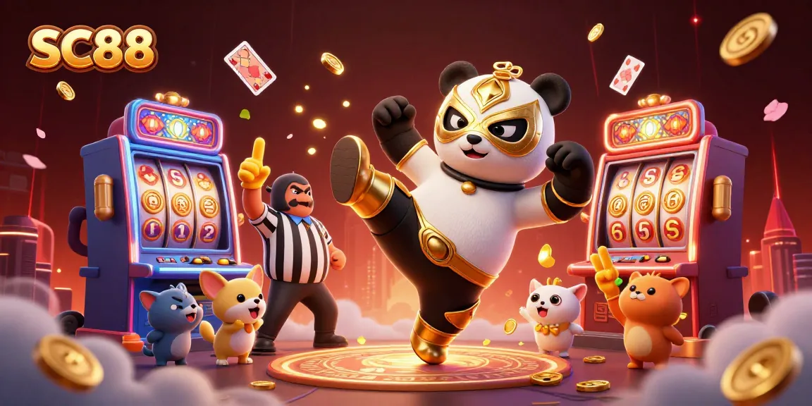 Experience the excitement of SC88 with a dynamic casino scene featuring pandas and slot games.