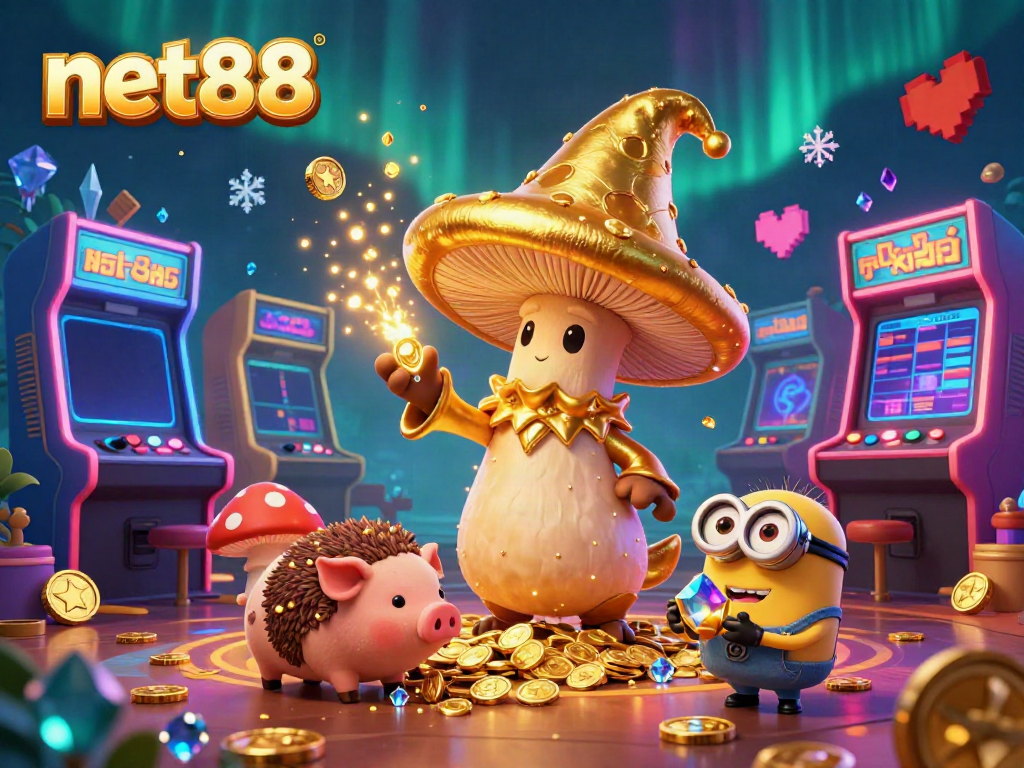 Engage in gaming excitement at net88 with a golden mushroom wizard and treasure-hunting pig in a vibrant casino.
