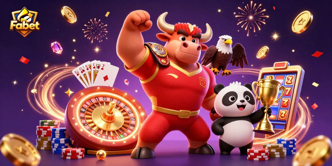 Fabet showcases energetic gaming with a bull, eagle, and panda celebrating casino victories.