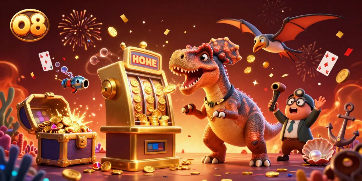 Experience thrill with o8's dynamic casino scene featuring dinosaurs and jackpots.