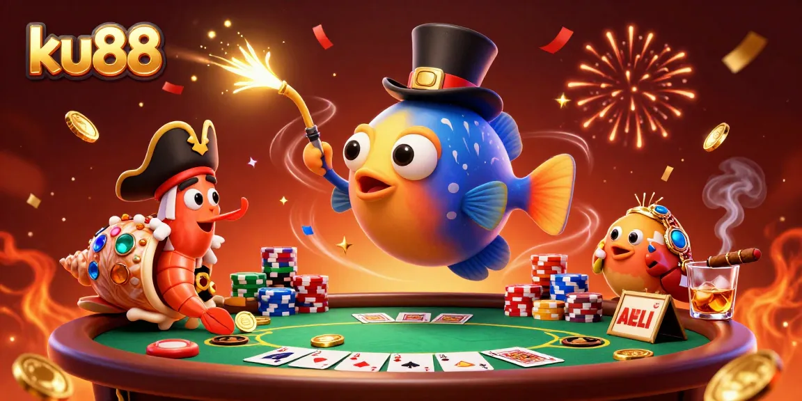 Engaging scene of ku88 where a glowing anglerfish attracts golden coins amidst a vibrant poker table layout.