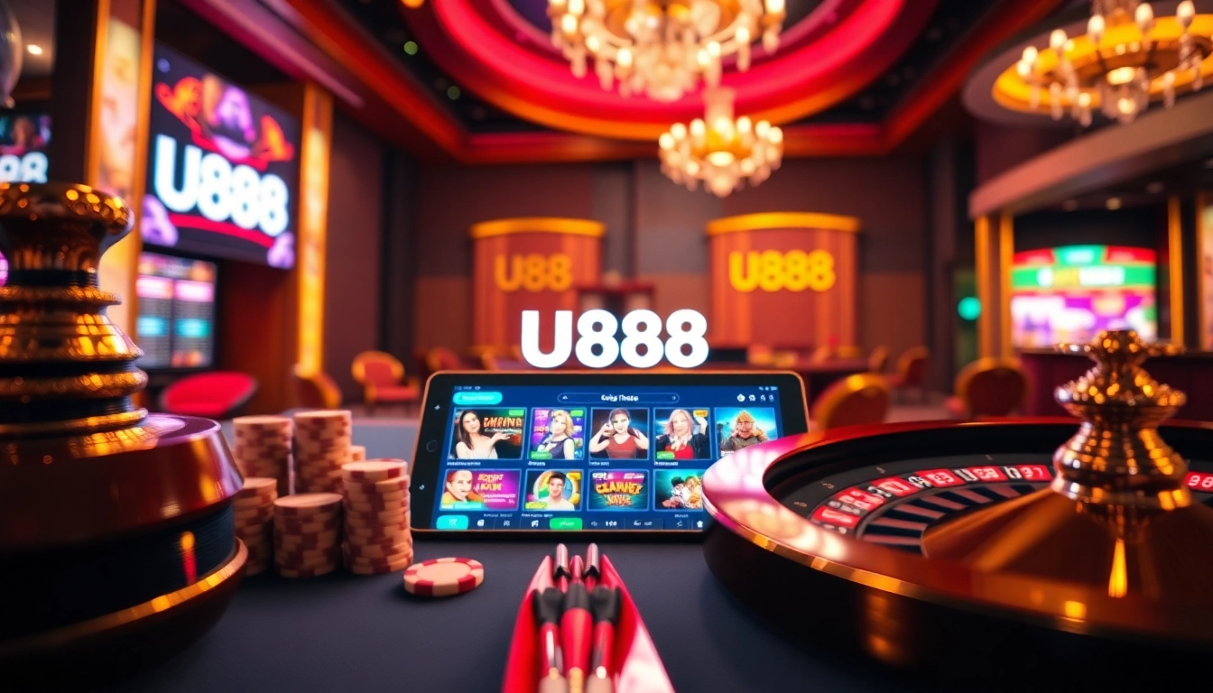 Experience the thrill of Nhà cái U888 with a vibrant casino scene featuring a roulette wheel and live dealer.