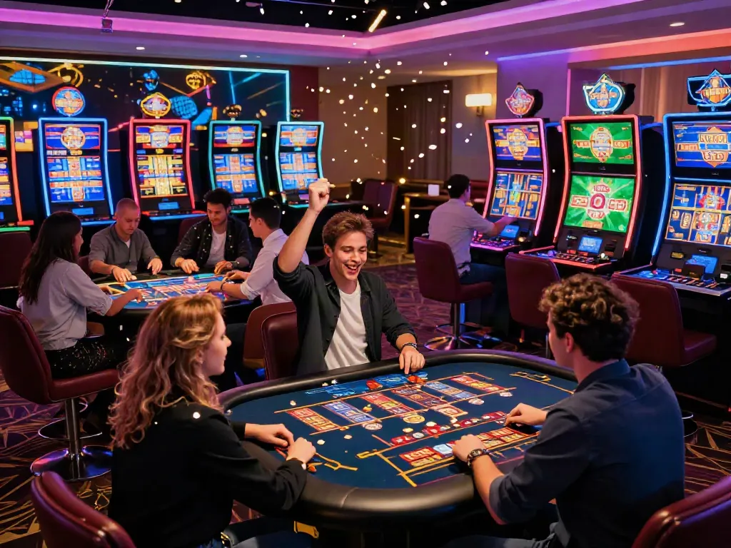 Exciting gaming experience at https://man88pro.com/ featuring diverse players celebrating a jackpot win in a vibrant virtual casino atmosphere.