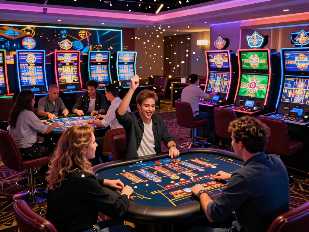 Exciting gaming experience at https://man88pro.com/ featuring diverse players celebrating a jackpot win in a vibrant virtual casino atmosphere.