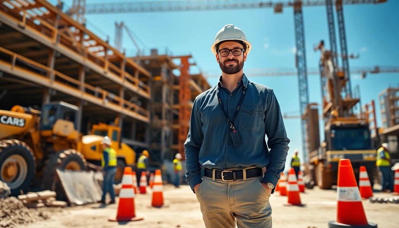Showcasing construction advocacy with a confident professional in a lively construction site.