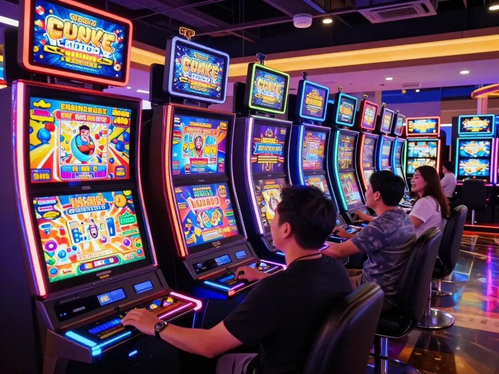 Players experience thrilling gameplay on lively 789 slot machines in a vibrant casino
