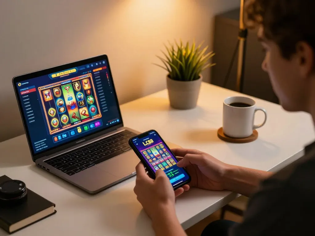 Engaging in online gaming with the LC88 app on a smartphone in a cozy home office.