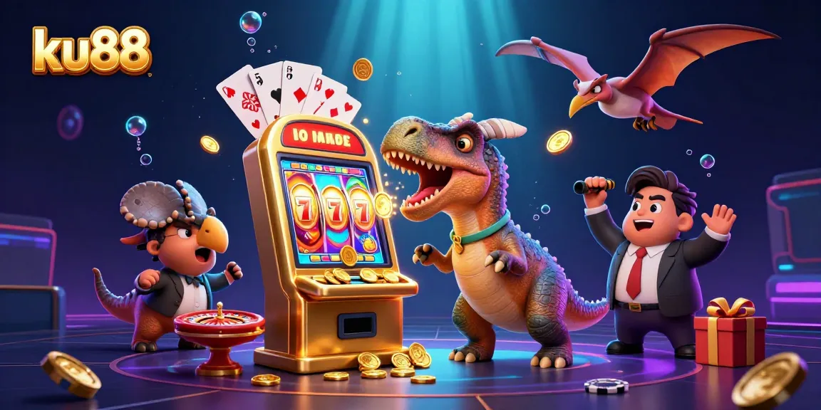 ku88 showcases a dynamic 3D scene of a dinosaur interacting with a golden slot machine, featuring arcade elements.