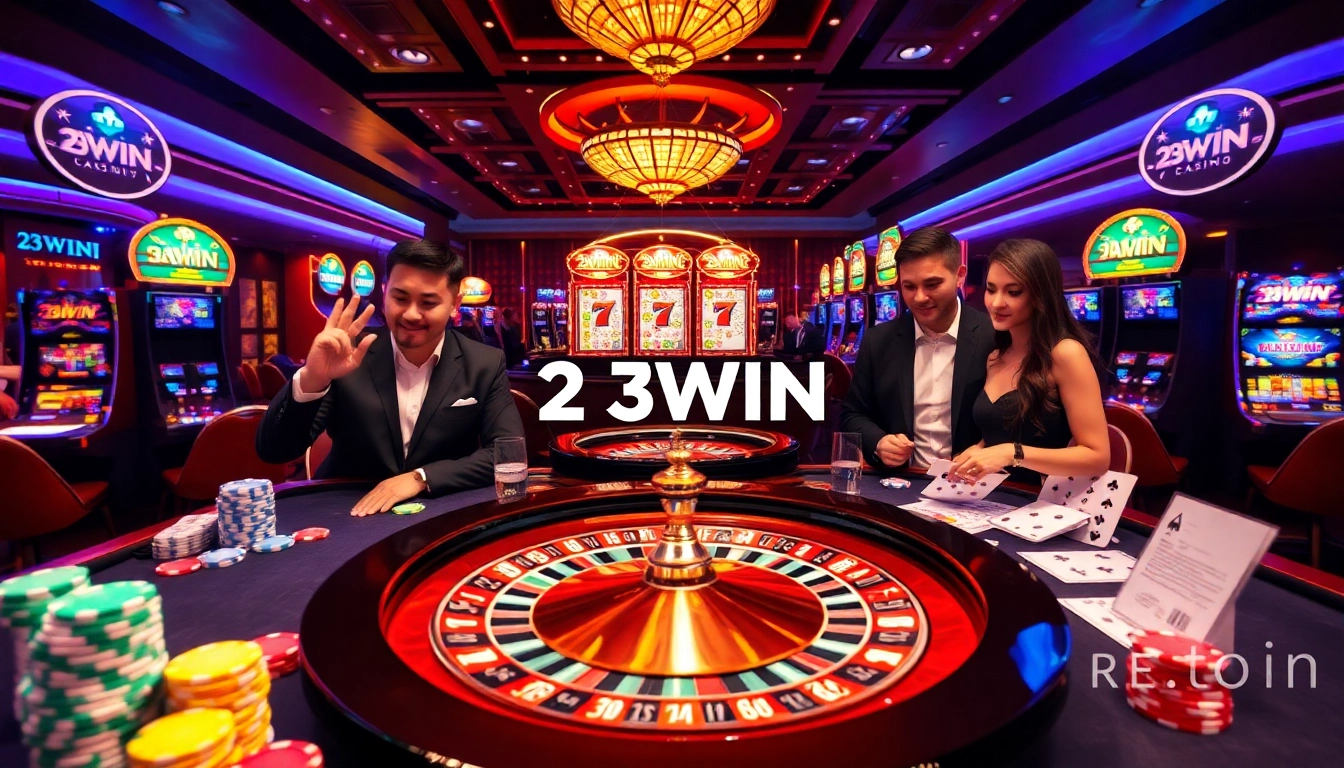 Experience the thrill of 23WIN with vibrant casino elements, including games, chips, and online interfaces.