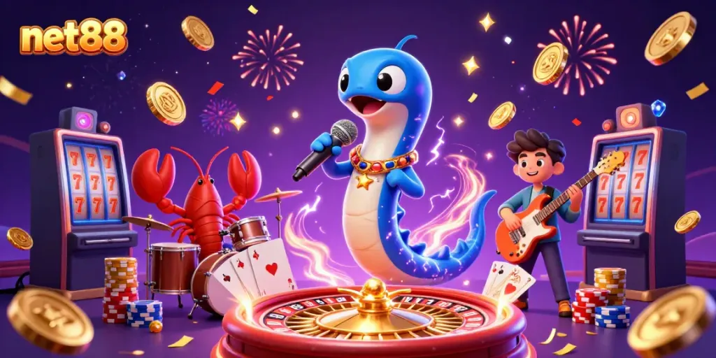 Experience exciting games at net88 with vibrant casino-themed underwater music scene featuring animated characters.