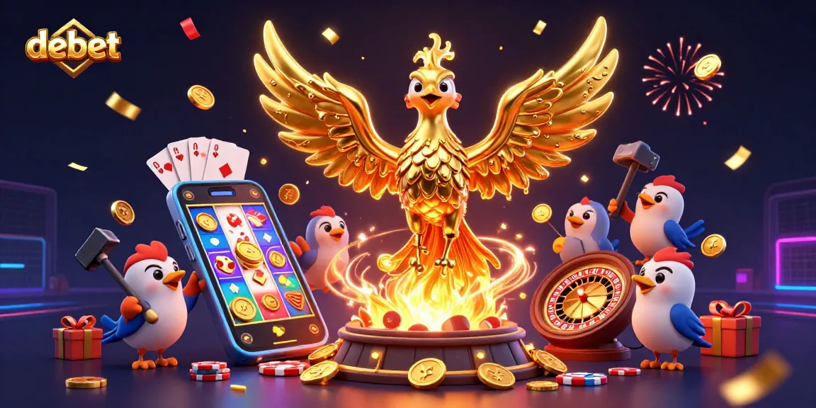 Engage with debet slots against a backdrop of golden coins and phoenixes in vibrant 3D.