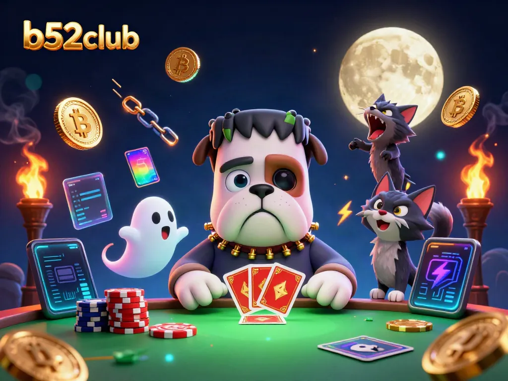 Engage in gaming excitement at b52club with a spooky 3D scene featuring a bulldog dealer and cryptocurrency elements.