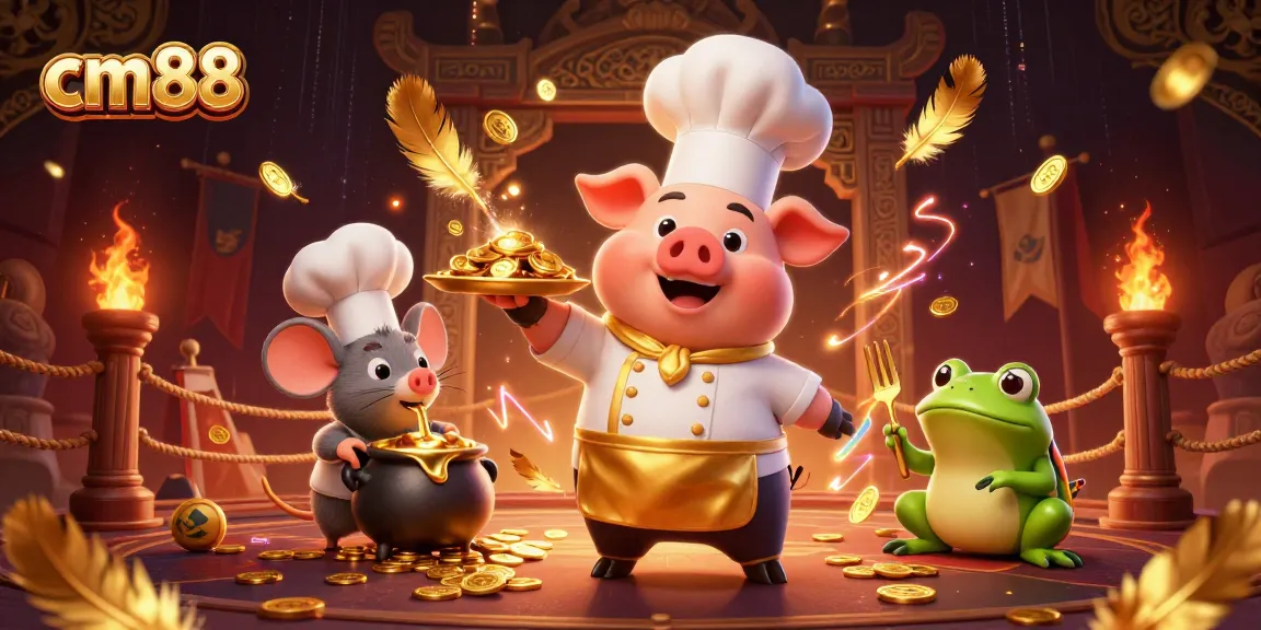 Engage with cm88's vibrant gaming scene featuring unique characters serving golden rewards in a 3D casino.