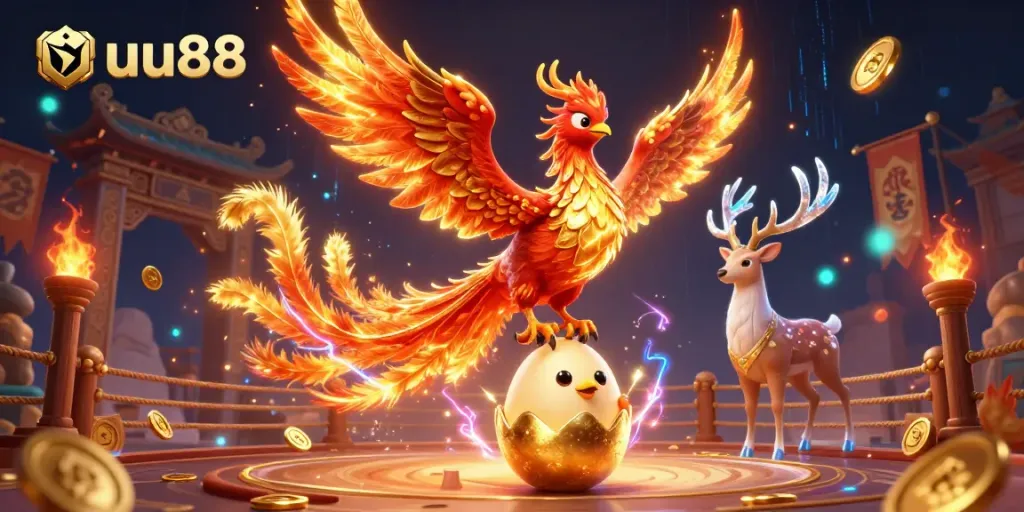 Engage with uu88 through vibrant casino scenes featuring phoenixes and gambling elements.