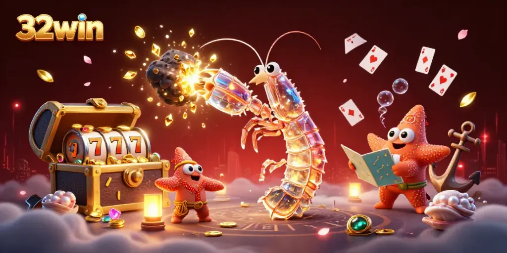 Engage in thrilling gameplay with 32win as a galactic mantis shrimp bursts gems around a casino scene.