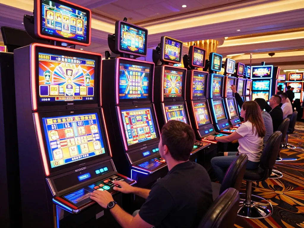 Pemain yang terlibat menikmati mesin slot di Kasino Paris Las Vegas, suasana yang hidup dan tampilan yang berwarna-warni