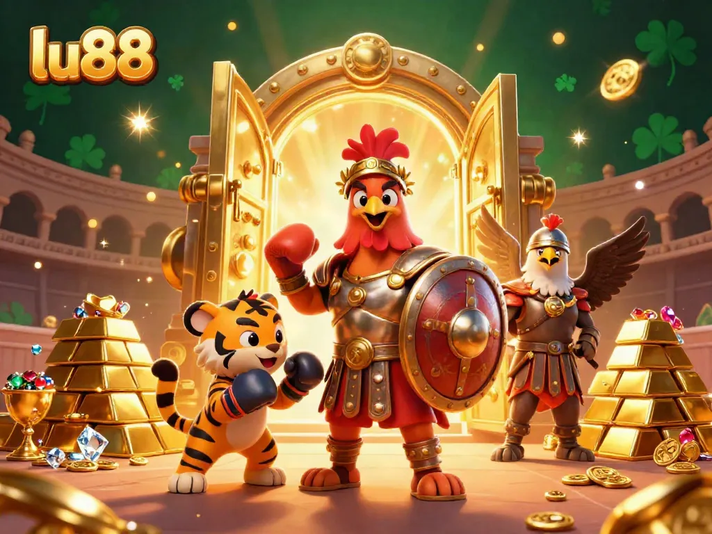 Experience the thrilling action of lu88 with a rooster gladiator, gold treasures, and dynamic casino elements.