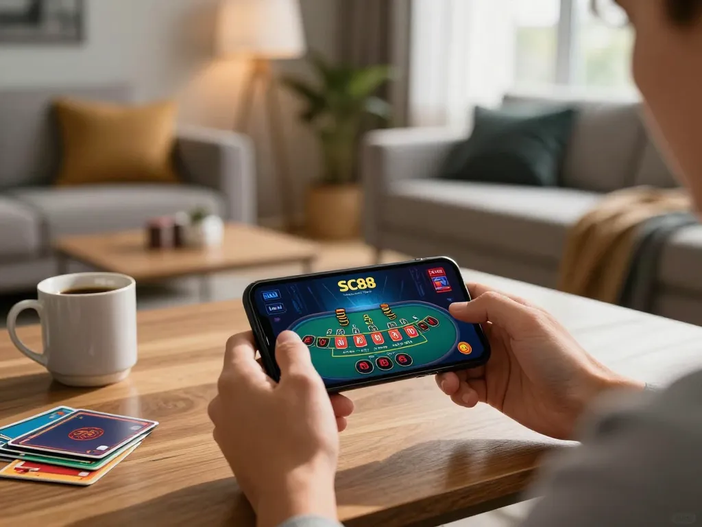 Engaging in live dealer blackjack on SC88 mobile app in cozy living room setting