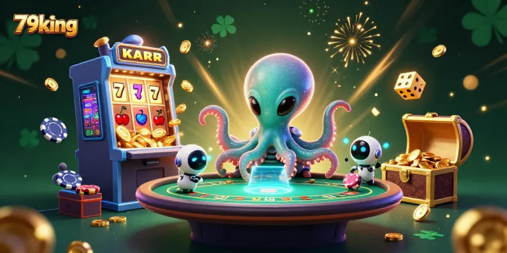 Excite with the vibrant action of 79king's alien-themed casino space, featuring a joyful octopus and thrilling game elements.
