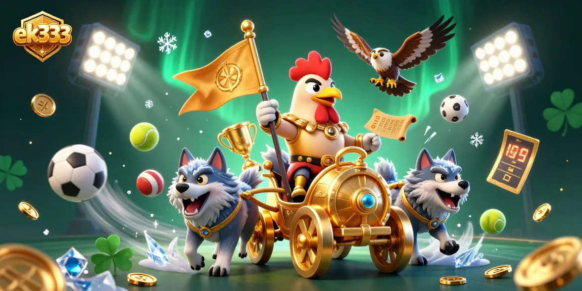 Engage with ek333 through a vibrant 3D illustration of a rooster warlord leading a casino battle.