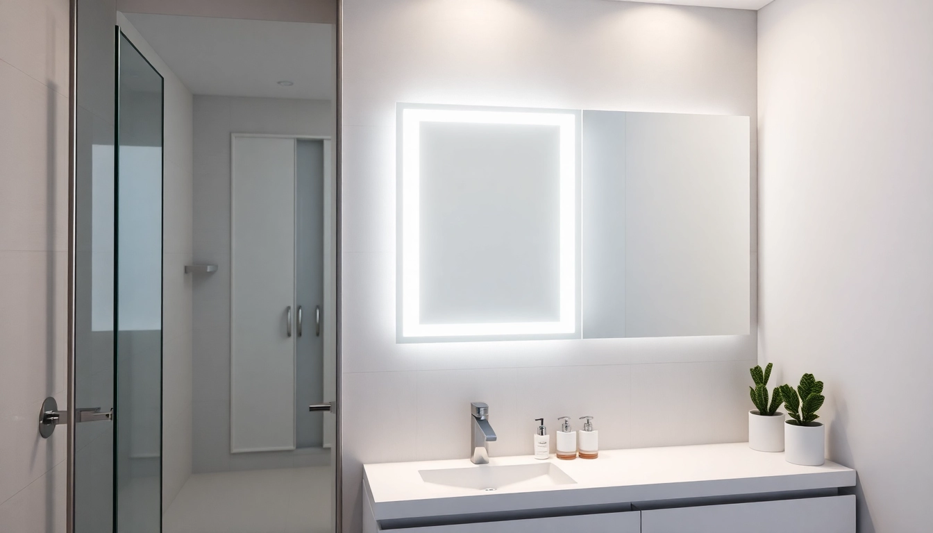 Showcasing a mirror and led lights in a modern bathroom ambiance.