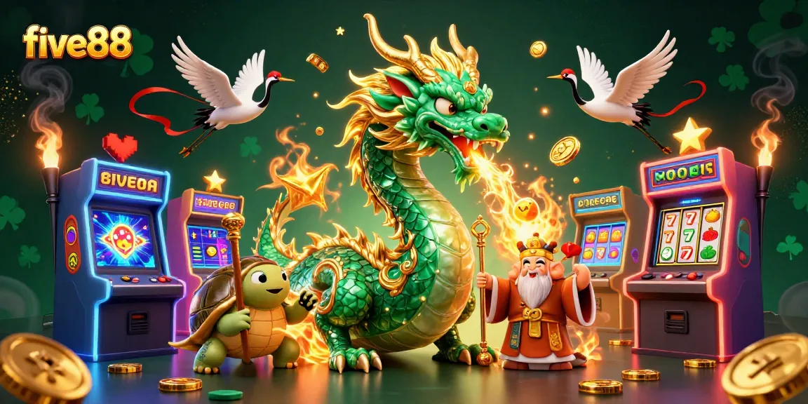 Experience the fantasy world of five88 with a vibrant casino scene featuring a jade dragon and lucky symbols.