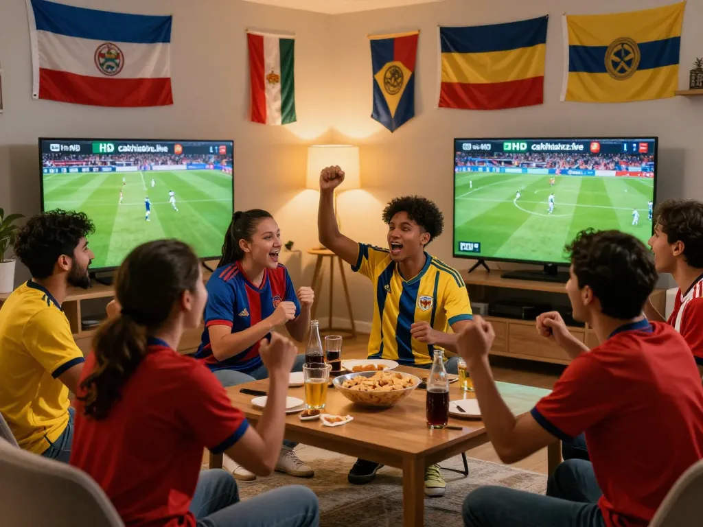 Excited fans enjoying live soccer from cakhiatvz.live with snacks and team jerseys in a cozy setting.